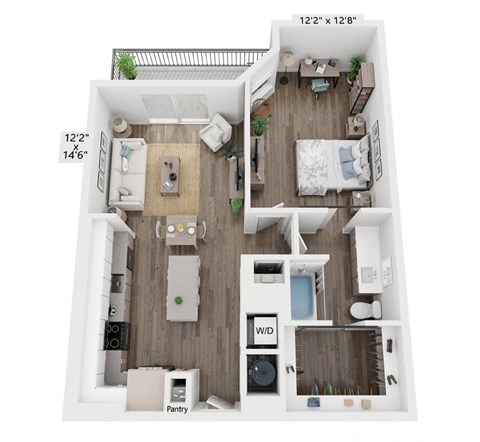 Floor plan for 1 bed, 1 bath, 853 sqft
